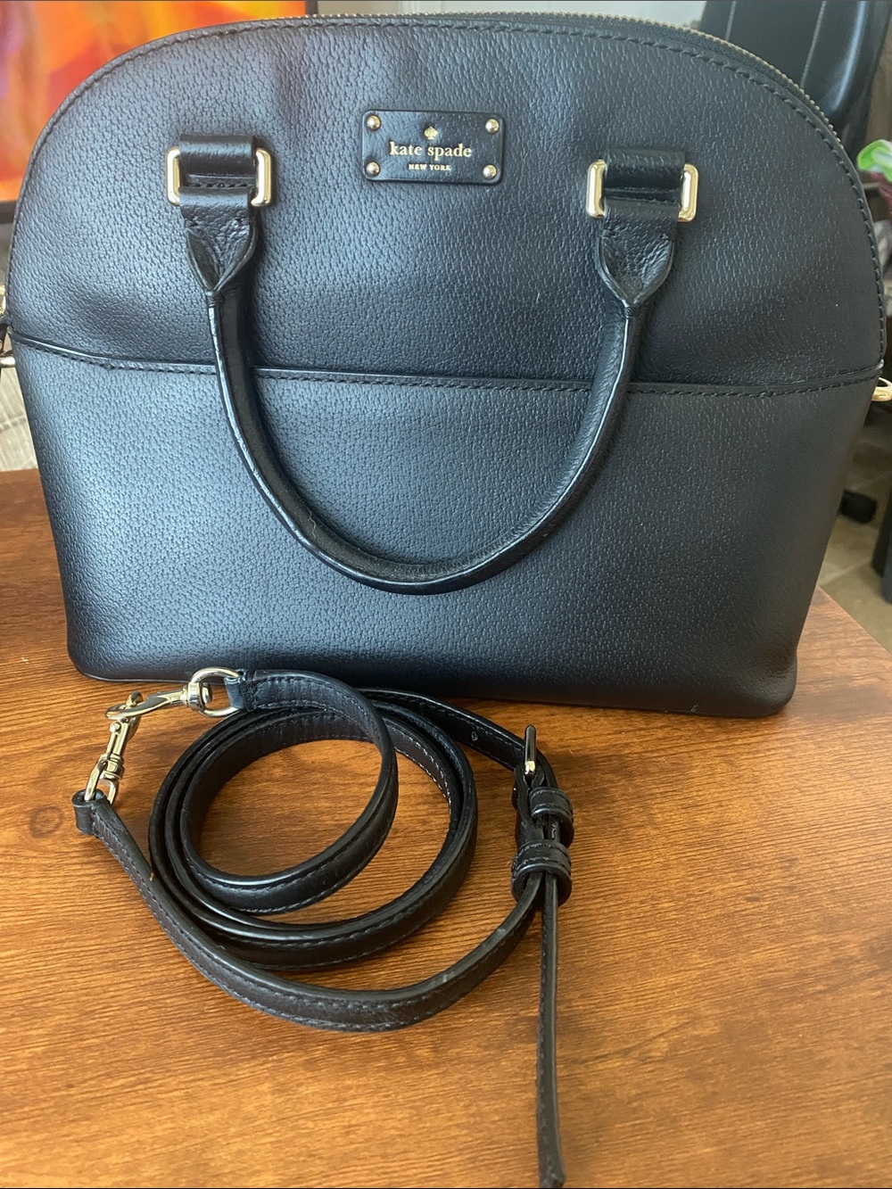 kate spade Black Leather Dome Satchel with Removable Strap